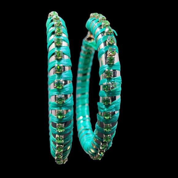 Green Rhinestone Hoop Earrings Y2K Statement Festival Retro - Picture 4 of 6